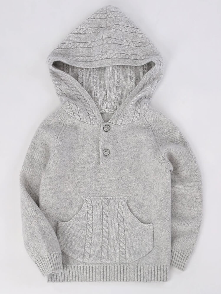 Kids Light Gray Cable Knit Cashmere Hoodie with Kangaroo Pocket
